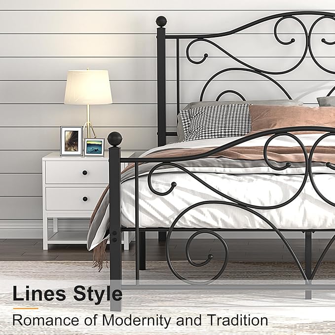 VECELO Queen Size Bed Frame with Headboard and Footboard, Heavy Duty Metal Slat Support, Platform Mattress Foundation, No Box Spring Needed, Easy Assembly, Dark Black