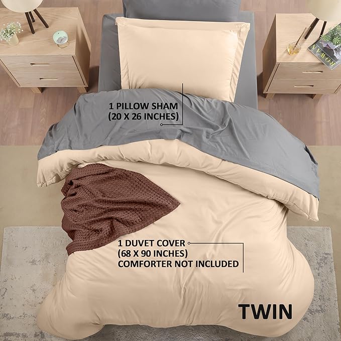 Utopia Bedding Duvet Cover Twin Size - 2 Piece with Zipper Closure - 1 Comforter Cover 68X90 Inches & 1 Pillow Sham 20X26 Inches (Beige) Comforter Not Included