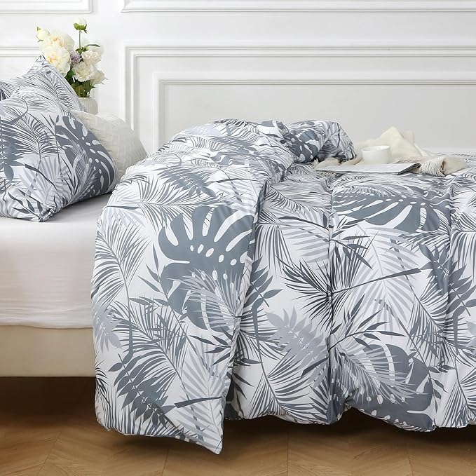 MUXHOMO Duvet Cover Queen Size, Reversible Floral Black & Grey Duvet Cover Set with Zipper Closure, 3 Pieces Botanical Patterns Soft Microfiber Bedding Set with 4 Ties (90"x90", 2 Pillow Cases) US