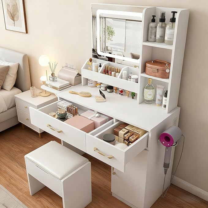 Casaphoria Vanity Desk with Stool, LED Mirror & Outlet, 43 Inch White Makeup Vanity with 2 Drawers & 7 Shelves, Dressing Table with Storage Stool for Bedroom