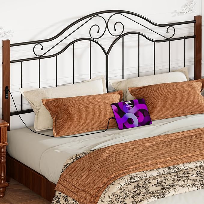 Elephance Headboard for King Size Bed Frame with Charging Station,USB and Type C Ports, Adjustable Height,Vintage Platform Bed King Only, Easy Assembly,Black