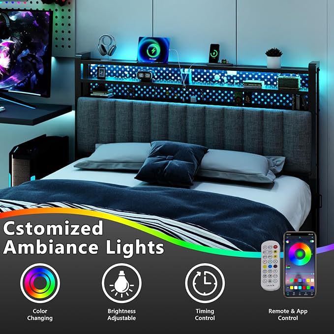 VINGLI Full Size Headboard Only, Adjustable Upholstered Headboard with 3 Tier Shelves and Pegboard with Charging Stations and LED Lights, Modern Bed Headboard with Storage for Bedroom Decor,Dark Gray