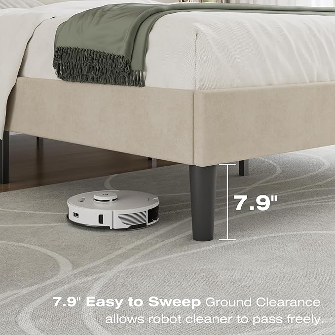 VECELO Queen Size Bed Frame with Upholstered Headboard, Heavy-Duty Bedframe with Strong Wooden Slats Support, No Boxing Spring Needed, Pale Beige