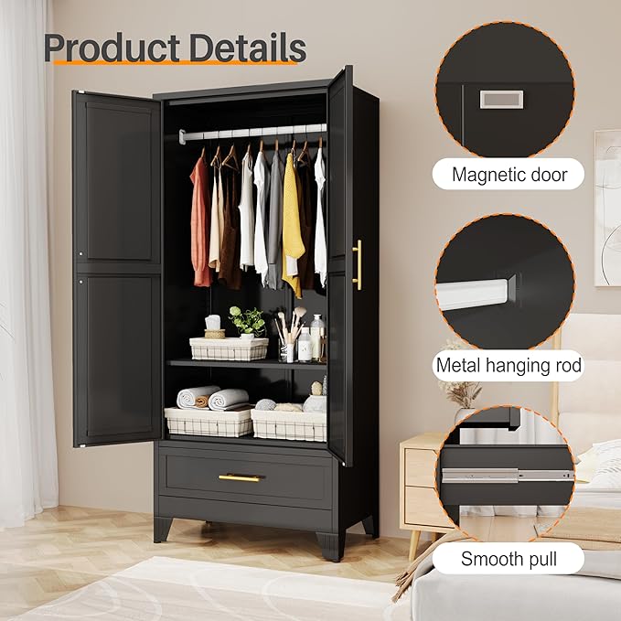 Metal Armoire Wardrobe Closet with Hanging Rod, Clothing Storage Cabinet with Adjustable Shelf and Drawer for Laundry Room, Bedroom, Home Office, Bathroom, 71" Black Large Capacit