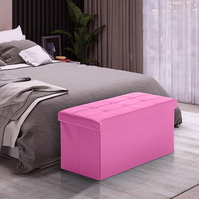 COSYLAND Ottoman Bench with Storage 30x15x15 inches White Ottoman for Room Folding Leather Footrest Footstool Rectangle Collapsible Furniture with Lid for Bedroom Living Room Pink