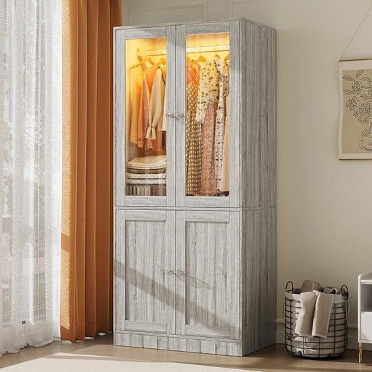 VOWNER 75" Tall Armoire Wardrobe Closet with Drawers & Lights, Clothing Storage Cabinet with 2 Glass Doors & Hanging Rod, Wooden Armoire Storage Cabinet for Bedroom (Grey Oak, 75''H)