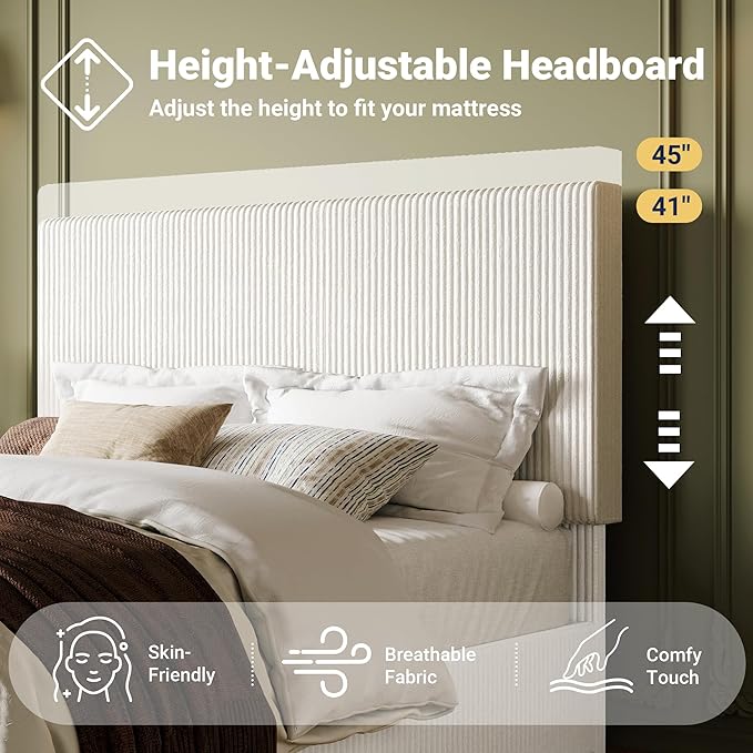 Allewie Full Bed Frame, Upholstered Platform Bed, Adjustable Vertical Channel Tufted Headboard, Corduroy Fabric, Modern Low Profile, Wooden Slats, No Box Spring Needed, Easy Assembly, White