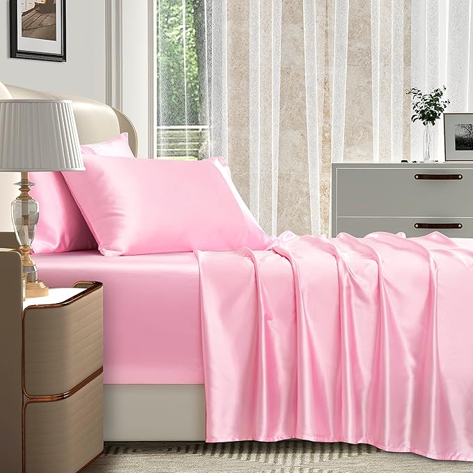 Homiest 4pcs Extra Deep Pocket Satin Sheets Queen Size Bed Set, 18-24 Inch Deep Pocket Bed Sheets Pink Satin Sheet Set, Silky Satin Bedding Set Luxury Fitted Sheet Set Fits Ultra Deep Mattress