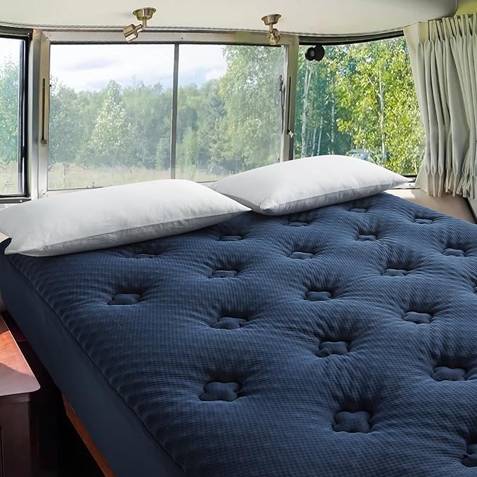 Hansleep RV Short Queen Mattress Pad Topper Memorry Foam, Camping Queen Foam Mattress Topper Viscose Derived from Bamboo, RV Mattress Pad Cover for Back Pain Relief, 60" x 75", Navy Blue