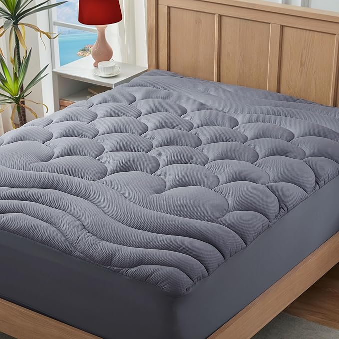 ELVEN HOME Twin Size Mattress Pad for Pain Relief, Pillow Top Cooling Twin Mattress Topper for Single Bed, Thick Fluffy Mattress Protector Cover Quilted Fitted Deep Pocket (39x75 inch, Grey)