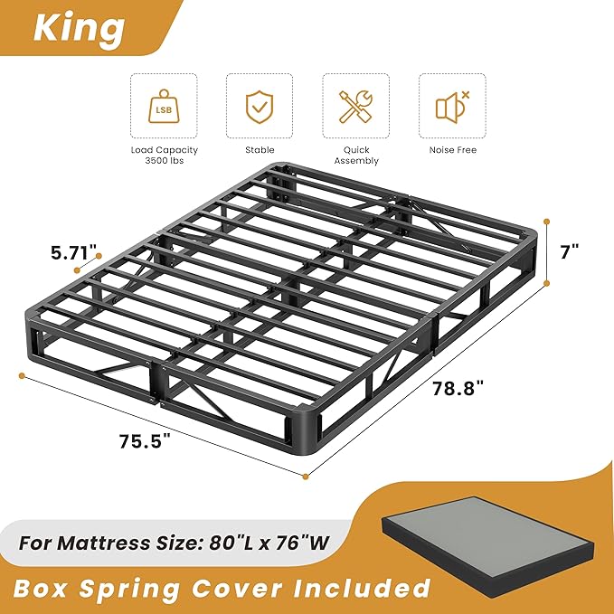 MAF Box Springs King Size 7 Inch, High Profile King Box Spring 3500 lbs Black Heavy Duty Metal Mattress Foundation with Easy Clean Fabric Cover, Easy Assembly