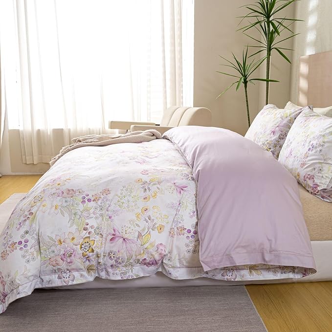 OAITE Duvet Cover Set Queen Size Floral Pattern Ultra Soft 100% Cotton Duvet Cover Sets 3-PC, Breathable Duvet Cover with Zipper Closure & Corner Ties(2 Pillow Shams,1 Duvet Cover)