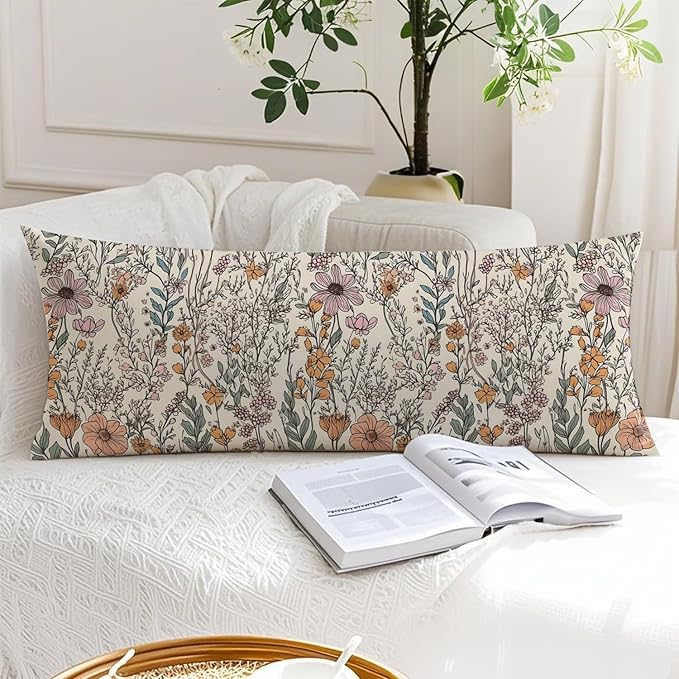 Vintage Boho Floral 20x54 Body Pillow Cover, Cottagecore Room Decor, Retro Rustic Cottagecore Flowers Aesthetic Decorative Long Body Pillow Cases for Bed Couch