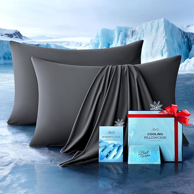 Ultra-Chill Cooling Pillowcase Set of 2 for Hot Sleepers, Softer Than Silk Pillow Cases for Protecting Hair & Skin, Breathable Bed Pillow Covers w/Zipper, Gifts for Women Men(Dark Gray, Standard)