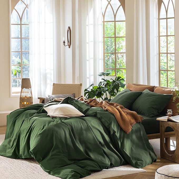 MooMee Bedding Duvet Cover Set 100% Washed Cotton Linen Like Textured Breathable Durable Soft Comfy (Solid Forest Green, Cal King 104"x98")