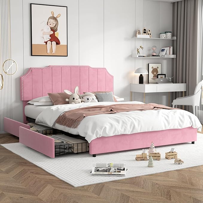 VECELO Full Upholstered Platform Bed Frame with 4 Storage Drawers,Velvet Vintage Full Bed with Nailhead Trim,Tufted Height Adjustable Headboard,Wooden Slats/No Box Spring Needed/Easy Assembly