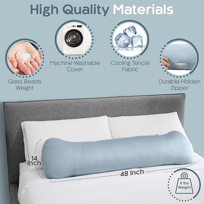 Weighted Body Pillow 8lbs - Weighted Pillow for Deeper Sleep (48" x 14") - Cooling Body Pillows for Adults, Side Sleeper Body Pillows with Cover (X-Large/Arctic Blue)