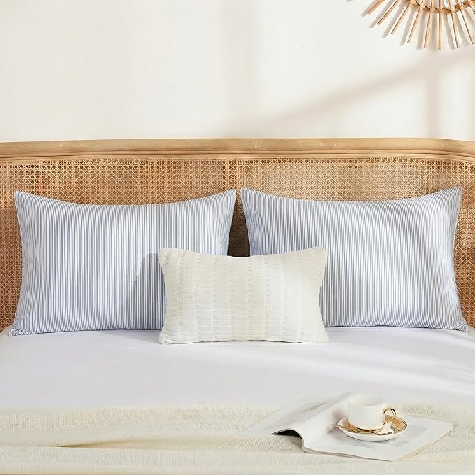 Merryword Blue Striped Pillowcases, 100% Cotton Pillow Cases, Queen Size Pillowcases, Luxury Linen Like Pillowcase, Soft Breathable Pinstripe Pillow Covers, Set of 2