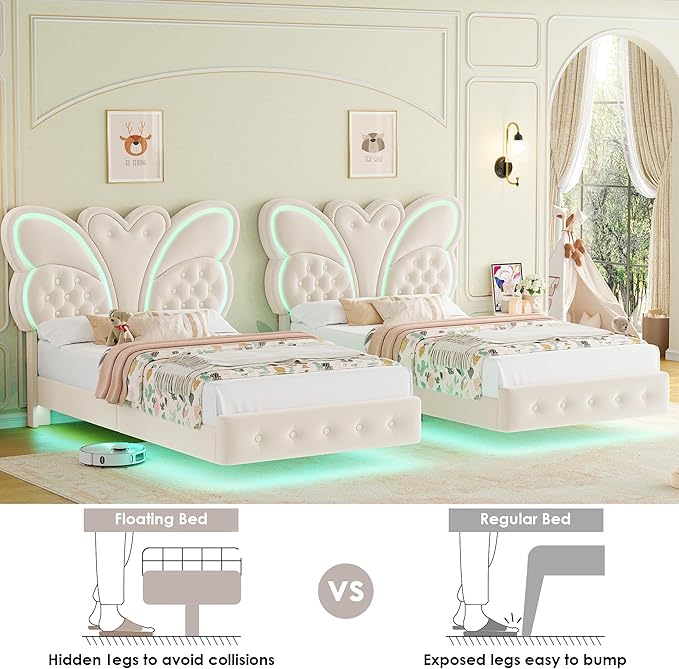Keyluv Twin Bed Frame Butterfly-Pattern Upholstered Headboard, Modern Floating Bed with LED Lights Button Tufted on Headboard and Footboard, Slats Support No Box Spring Needed, Noise-Free, Beige