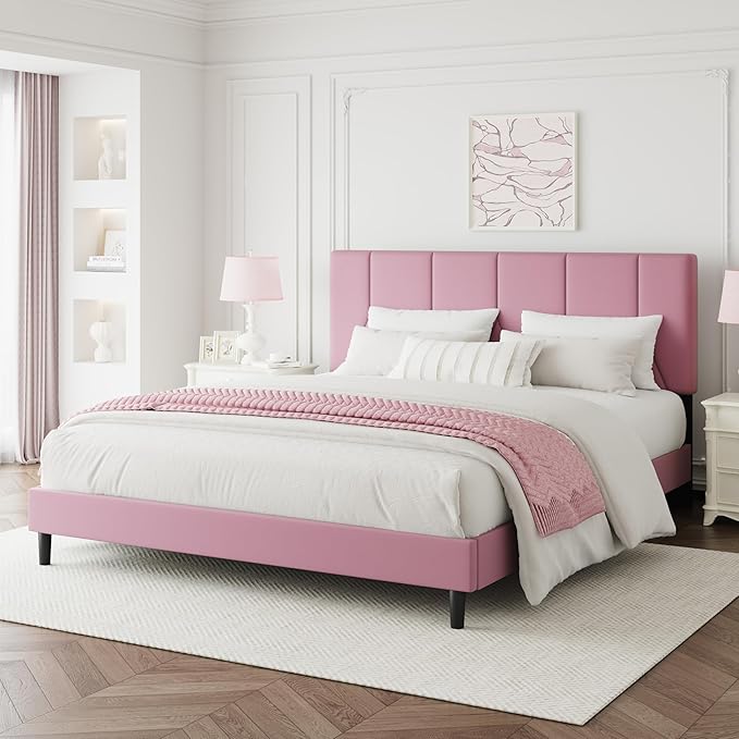 Queen Bed Frame, Padded Platform Bed Frame with Velvet Headboard, Vertical Quilted Design, Sturdy Slatted Mattress Base, No Spring Mattress Required, Easy to Assemble, Pink