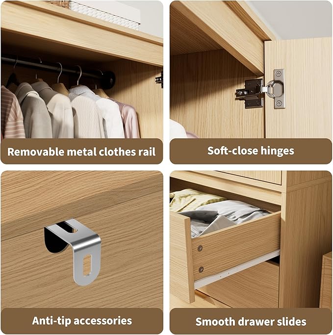 GarveeHome Armoire Wardrobe Closet, 69.5 in Wooden Wardrobe Cabinet with 3 Drawers, Hanging Rod, 2 Doors Clothing Storage Cabinet for Bedroom, Large Capacity Storage, Rattan Door, Natural