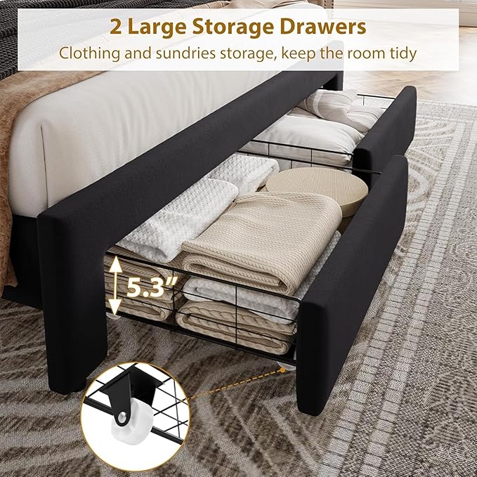 Garvee Full Size Bed Frame with 2 Storage Drawers, Vintage Velvet Headboard Bedframe with upholstered Platform, Wooden Slat Support, Noise Free, No Box Spring Needed, Black