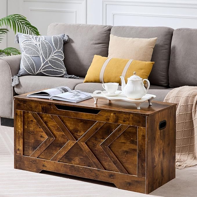 39.4” Storage Bench, Extra Large Entryway Bench with Storage,Storage Chest with 2 Safety Hinges,Blanket Storage,Shoe Storage Chest for Bedroom,Living Room,Easy Assembly. (Rustic Brown)