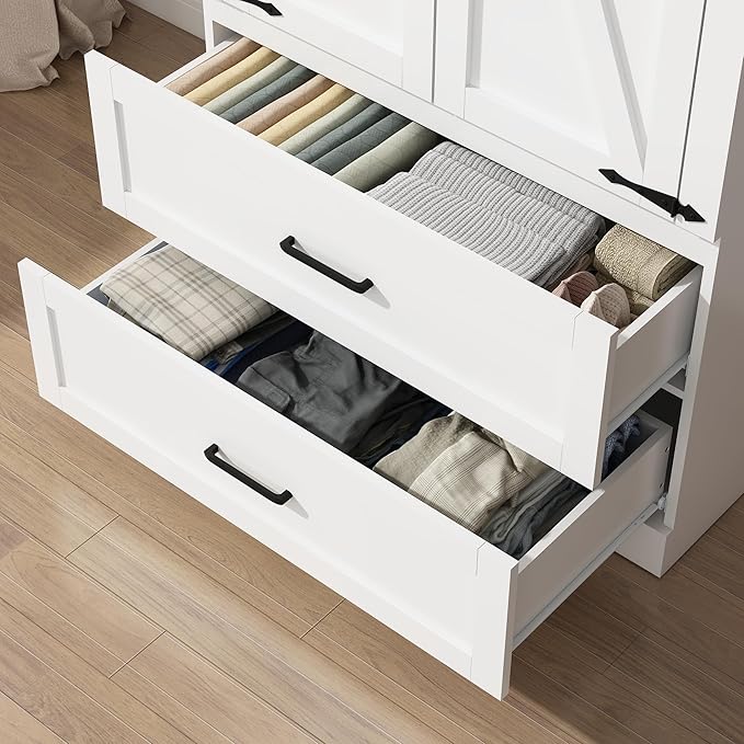 Hlivelood 2 Doors Wardrobe Armoire Closet with Doors and Drawers, Farmhouse Wooden Armoire Storage Cabinet with Shelves & Hanging Rod for Bedroom, White