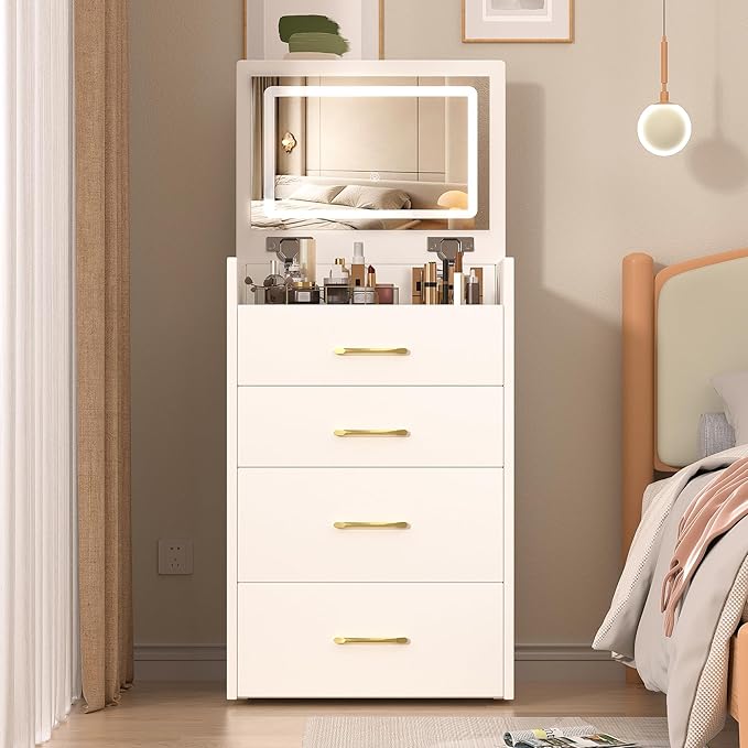Small Makeup Vanity Desk with Flip Top Lighted Mirror, 3-in-1 Nightstand Vanity Combo with Visible Glass Desktop, Compact Dressing Table with Storage Stool & 3 Drawers for Small Bedroom, White