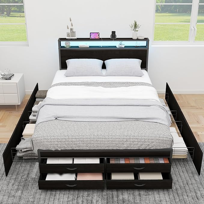 Zevemomo Queen Bed Frame with 8 Storage Drawers, Queen Metal Bed Frame with LED Light and Charging Station, Heavy Duty Metal Slats, No Box Spring Needed, Black