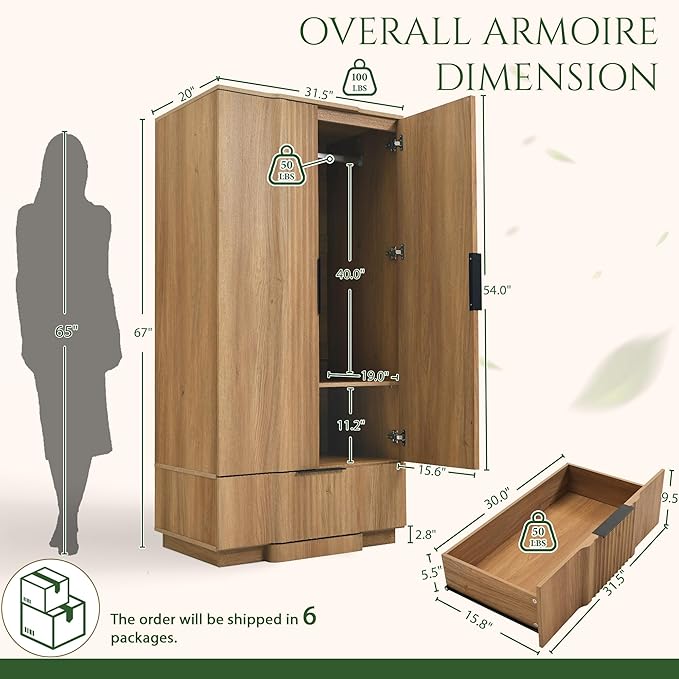 Yechen 67" Fluted Armoire Wardrobe Closet Set of 3 with Doors and Drawer, Wooden Wardrobe Closet Cabinet with Adjustable Shelve, Modern Small Armoires Storage Clothes, Coats for Bedroom, Natural, 3pcs