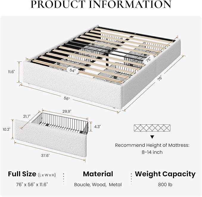 SHA CERLIN Boucle Full Size Bed Frame with 4 Spacious Drawers, Platform Bed with Soft Teddy Fabric Upholstery, Sturdy Wooden Slats Support, No Box Spring Needed, Noise Free, Easy Assembly, White