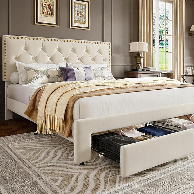 Garvee Full Size Bed Frame with 2 Storage Drawers, Vintage Velvet Headboard Bedframe with upholstered Platform, Wooden Slat Support, Noise Free, No Box Spring Needed, Beige