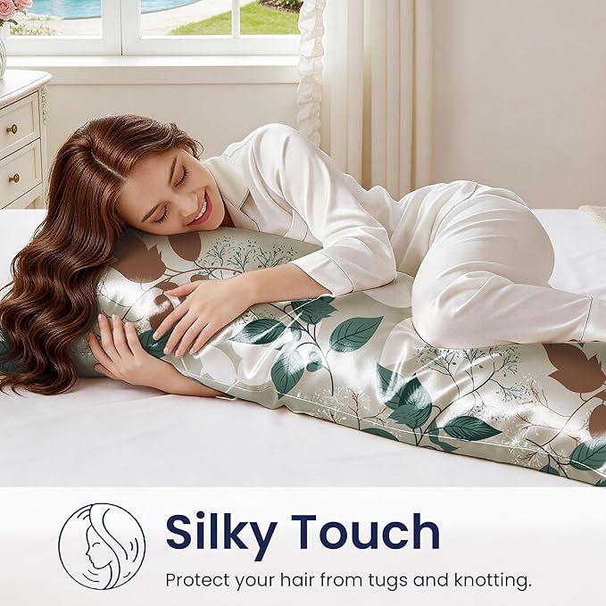 EXQ Home Satin Pillowcase for Hair and Skin - Printed Green Leaves Silk Body Pillowcase 20x54 inches - Body Pillow Cases with Envelope Closure, Gifts for Women Men