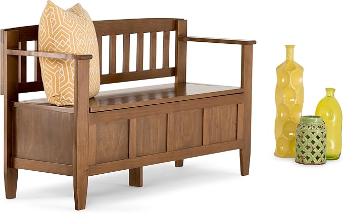 SIMPLIHOME Brooklyn Entryway Storage Bench - 48 inch Wide Solid Wood Hallway Bench in Medium Saddle Brown, Contemporary Mudroom Bench for Entry or Foyer with Lift-Up Lid and Spacious Hidden Storage