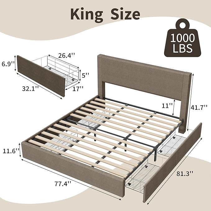 IDEALHOUSE King Size Bed Frame with Tufted Wingback Headboard, Platform Corduroy Upholstered Bed Frame with 4 Storage Drawers and Wooden Slats Support, No Box Spring Needed, Brown