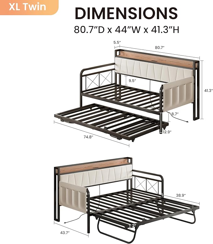 LIKIMIO Twin XL Daybed, Day Bed with Trundle, Storage Upholstered Headboard and Charging Station, Trundle Bed with Strong Supports for Living Room, Bedroom, and Guest Room, Beige