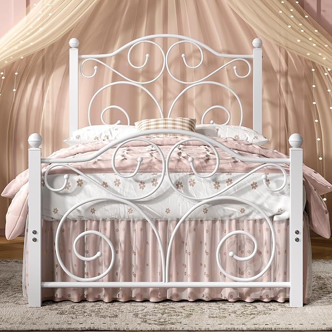 VECELO Twin Size Bed Frame with Headboard and Footboard, Heavy Duty Metal Slat Support, Platform Mattress Foundation, No Box Spring Needed, Easy Assembly, White