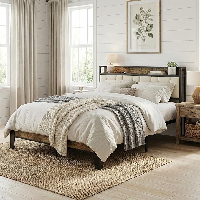 LIKIMIO Full Size Bed Frame, Storage Headboard with Charging Station, Solid and Stable, Noise Free, No Box Spring Needed, Easy Assembly (Walnut and Beige)