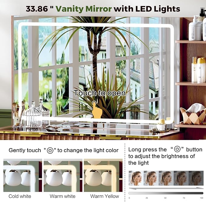 51" Vanity Desk with Power Outlet, Makeup Vanity with Mirror and Lights, 3 Lighting Modes, Vanity Table with Glass Top, 5 Drawers, and Jewelry Storage,Brown