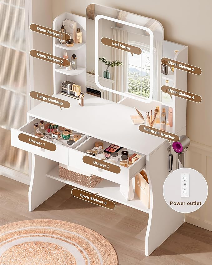 LIVELYGLOW Small Makeup Vanity Desk with Smart LED Mirror & Power Outlet, 29.5" White Vanity Table with Hairdryer Rack, 5 Storage Shelves & 2 Drawers, Compact Dressing Table for Small Spaces