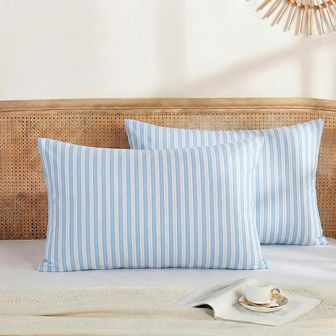 Merryword Blue and White Striped Pillowcases, 100% Cotton Pillow Cases, Standard Size Pillowcases, Soft Breathable Ribbon Stripe Pillow Covers, Set of 2