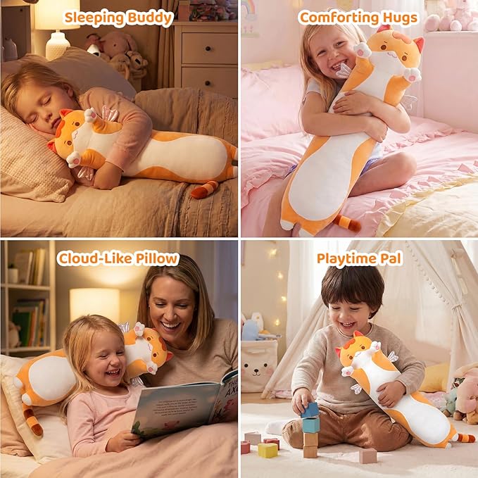 Mewaii Long Cat Plush 5 Sizes, 120% Extra Filling Giant Plushness Kids Body Pillow, Kawaii Cute Brown Cat Stuffed Animals Plushies, Big Long Body Pillow Cat Plush Gift for Girls 20”