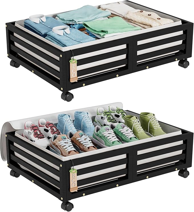 Wisuce Bamboo Under Bed Storage Containers- Underbed Organizer with Wheels with Dust Bag,Sturdy Wood Rolling Under the Bed Shoe Storage Organizer Drawers (Black, 2 Pack (23.62"×16.54"))