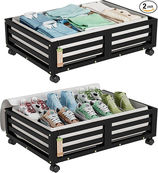 Wisuce Bamboo Under Bed Storage Containers- Underbed Organizer with Wheels with Dust Bag,Sturdy Wood Rolling Under the Bed Shoe Storage Organizer Drawers (Black, 2 Pack (23.62"×16.54"))