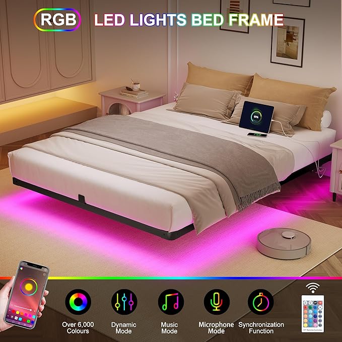 Decofy Queen Size Floating Bed Frame with LED Lights and Charging Station, Modern Minimalist Design, No Spring Mattress Required, Easy to Assemble