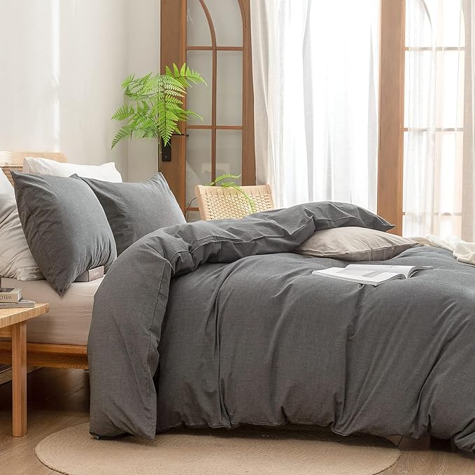 BESTOUCH Duvet Cover Set 100% Washed Cotton Linen Feel Super Soft Comfortable Chic Lightweight 3 PCs Home Bedding Set Solid Dark Grey King