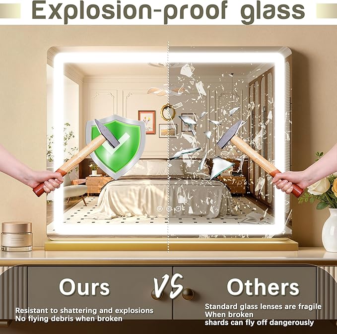 ROLOVE 23"x18" Gold Vanity Mirror with Lights, Large Lighted Makeup Mirror with 10X Magnifier, 3 Color Lighting & Stepless Dimming, Wall Mounted or Tabletop Desk Mirror for Bedroom