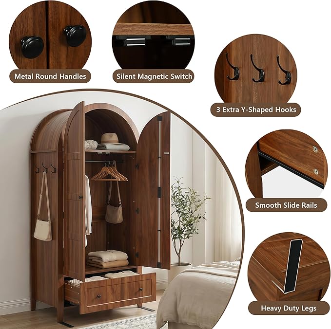 Einhomn Armoire Wardrobe Closet with Drawer & 2 Arched Doors, 70.3'' Tall Wood Closet Organizer with Hanging Rod & 3 Hooks, Large Storage Cabinet Freestanding Bedroom Admoires, Easy Assembly, Walnut