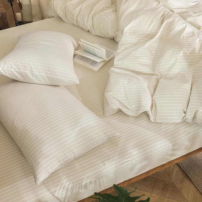 MooMee Striped Duvet Cover Set 100% Washed Cotton Linen Like Textured Breathable Durable Soft Comfy (Almond Milk Grey White Wide Stripes, Twin 68"x90")